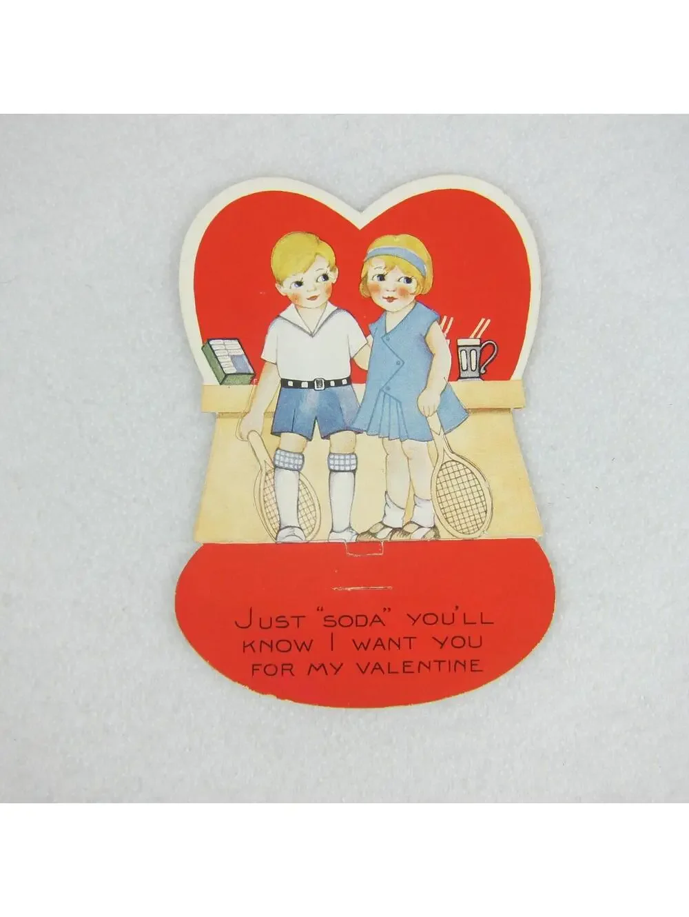 Vintage Valentine Die Cut Blonde Girl Boy Tennis Racket Soda Pop Red Heart Stand